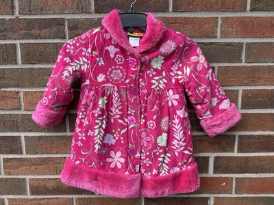 Penelope Mack Ltd Pink Corduroy Floral Coat 4T Faux Fur Collar & Hem Jacket 