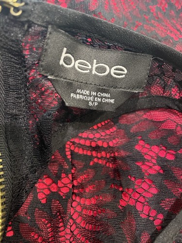 New BEBE Sz Small Red w/Black Lace Dressy Peplum Racerback Back Zip top Blouse - Picture 9 of 11