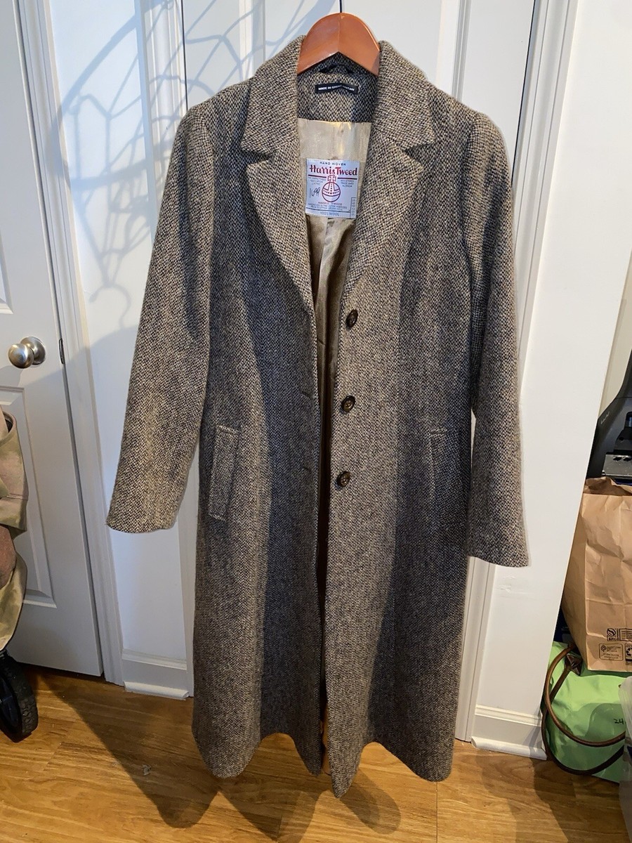 Women’s Eliz Scott Harris Tweed Long Coat 100% Wool USA 12 UK 14