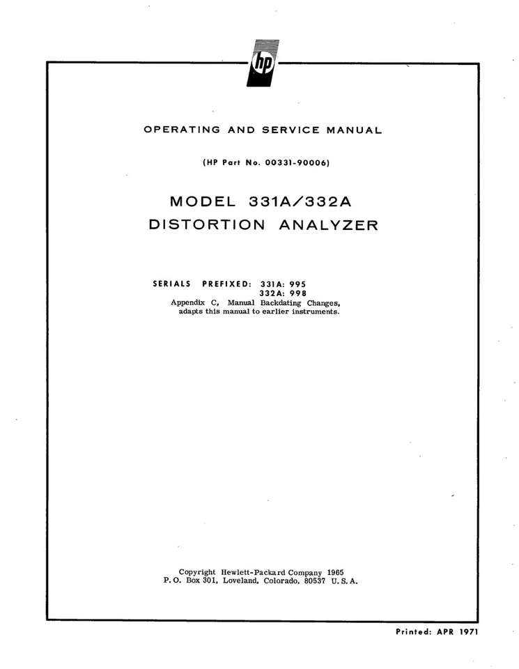 SERVICE MANUAL FOR HP 331A 332A 333A 334A 339A DISTORTION ANALYZER   - Image 2 of 2