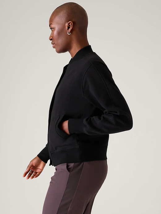 Athleta Retroplush Bomber Jacket | Black Small #845491 NWT