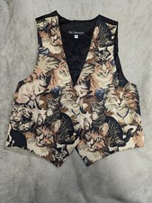 Vintage Nadia Embroidered KITTY CATS Tapestry Womens MED Grandmacore Vest NEW v2
