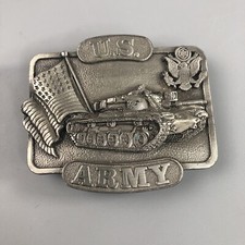 Vintage U.S. Army Belt Buckle Tank Flag 1982 Bergamot Brass Works Made In USA