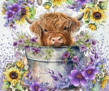 ADORABLE HIGHLAND COW SUNFLOWER PURPLE FLORAL BUCKET COMPUTER MOUSE PAD 9 X 7