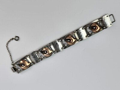 Vintage Sterling Silver & Gold Filled Flower Bud Square Link Bracelet 6.75''