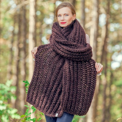 Thick brown fuzzy mohair scarf extra long shawl handknit neck warmer SUPERTANYA - Picture 3 of 6