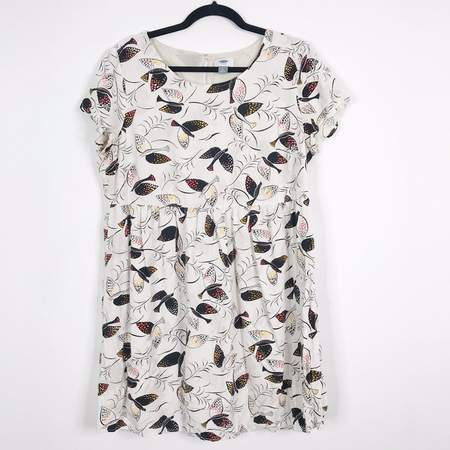 Old Navy Large L Short Sleeve Woven Swing Dress White Bird Round Neck Babydoll | eBay