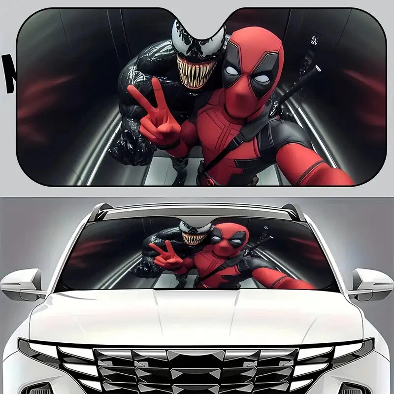 Deadpool And Venom Taking A Selfie In The Elevator Car Windshield Sun Shade