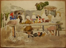 Ukrainian Soviet USSR Painting realism fauvism cubism marketplace sketch