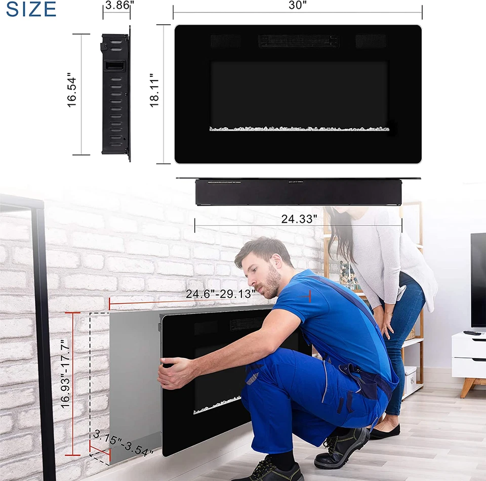 Chimenea Eléctrica Empotrada Montada Pared Calentador LED Decoración Hogar 30" Foto 2 de 4