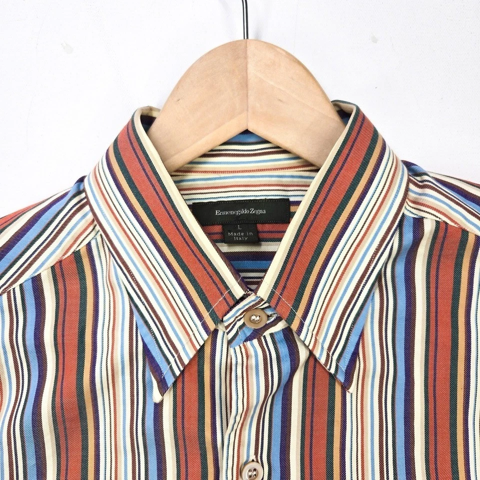 Camisa Ermenegildo Zegna Para Hombres Grande L Abotonada Rayas Naranja Foto 3 de 4