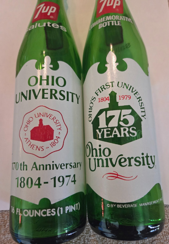 1974-1979 2 BOTTLE SET OHIO UNIVERSITY 7UP 16OZ.BOTTLES.