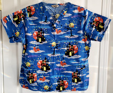 Halloween Comfy Cotton Scrub Top Womens Lg V-Neck Pockets Haunted House Pumpkins