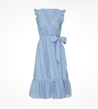 J.Crew Blue Eyelet Wrap Midi Dress Lined V-Neck Ruffle Sleeve Tie Size 4