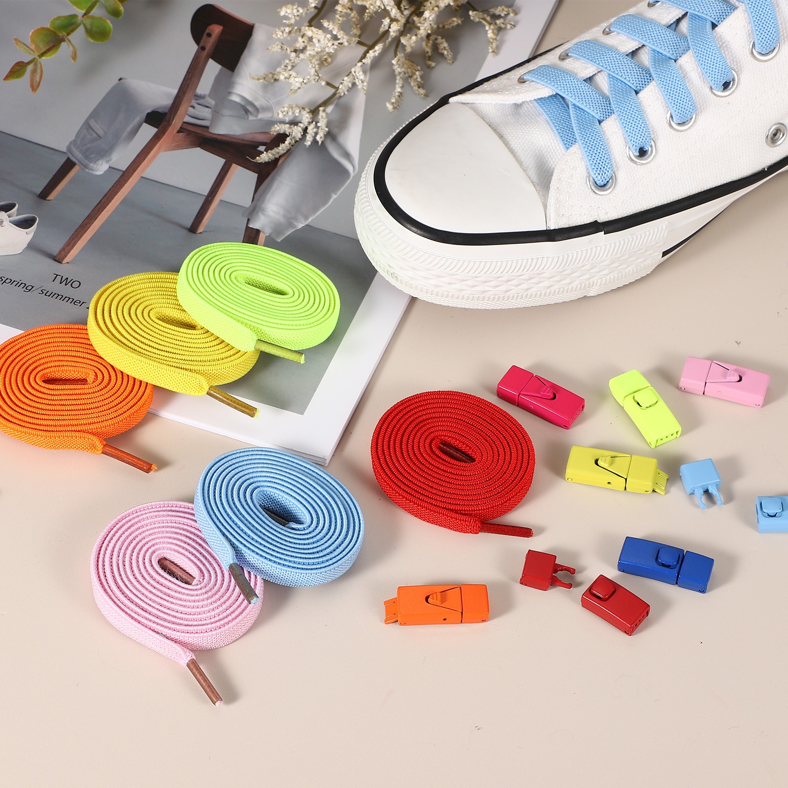 No Tie Shoelaces with 2 Metal Square Buckle Clips, 1Pair & Dark Gray