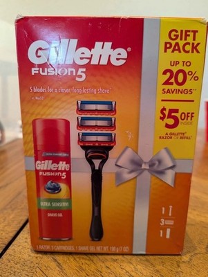 Gillette Fusion5 Shaving Kit Gift Pack Razor + 3 Cartridges + Shave Gel