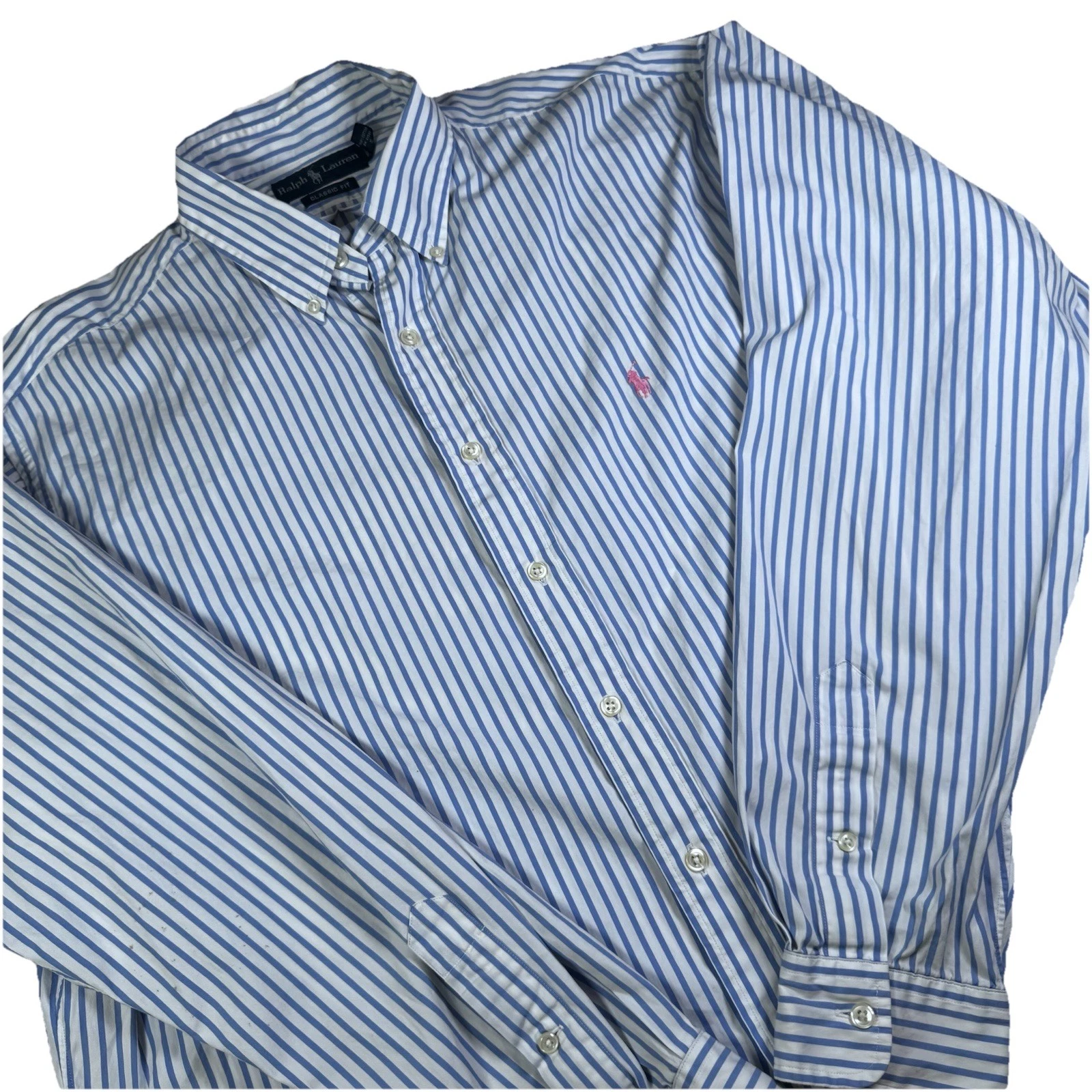 Polo Ralph Lauren Mens XL Blue White Stripe Classic Fit LS Button Front Shirt