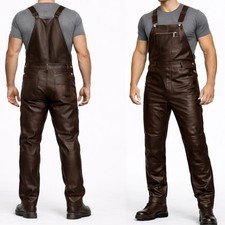 Mens Genuine Soft Leather Brown Bib Overall Dungaree Jumpsuit Suit Uniform Black