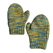 Vintage Kids Children Knit Mittens Variegated Mustard Yellow Sage Green Blue