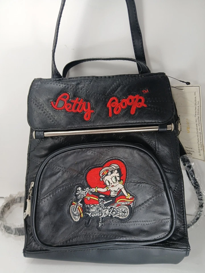 Mochila/bolso de mano Betty Boop vintage de cuero negro nuevo con etiqueta y plástico Foto 3 de 4