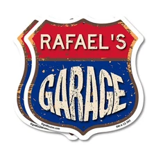 Rafael's Garage Shield Shaped Sign Weather Resistant Crafted in the USA