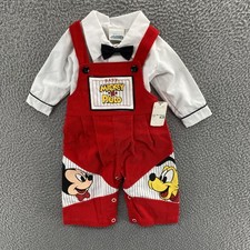 Vintage Mickey Mouse Overalls Boys 3-6 Months Red Disney Pluto Outfit Set 80s