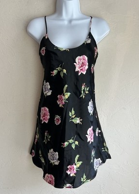 Vintage Dominique & Simone Dark Floral Satin Mini Slip Dress M Lace Up Fairy