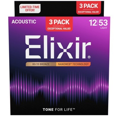 Elixir 16565 Nanoweb Acoustic Bronze 12-53 - 3 Pack - Westerngitarrensaiten