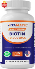 Biotin 10,000 Mcg 10 Mg for Stronger Hair, Skin  Nails - 365 Vegan Tablets- A