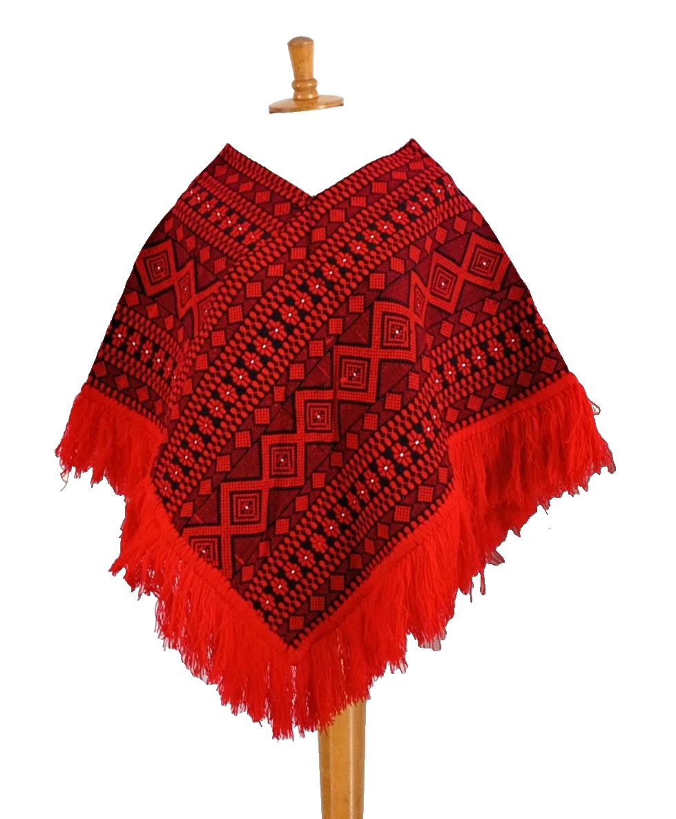 LA GUATEMALTECA Red Black Diamond and Flower Print Poncho Mint Condition