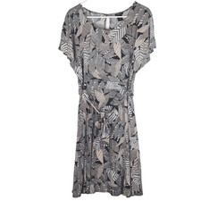 Ann Taylor Petite Midi Dress Leaf Print Black Beige Flutter Sleeve Waist Tie 2P