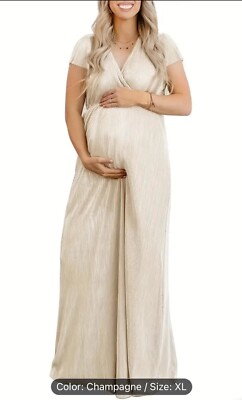 Champagne Maternity Greek Maxi LONG V NECK FLUTTER SLEEVE METALLIC
