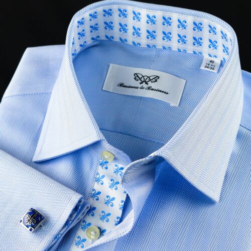 Blue Luxury Herringbone Formal Business Dress Shirt Blue Fleur-de-lis Inner Top - Afbeelding 1 van 6