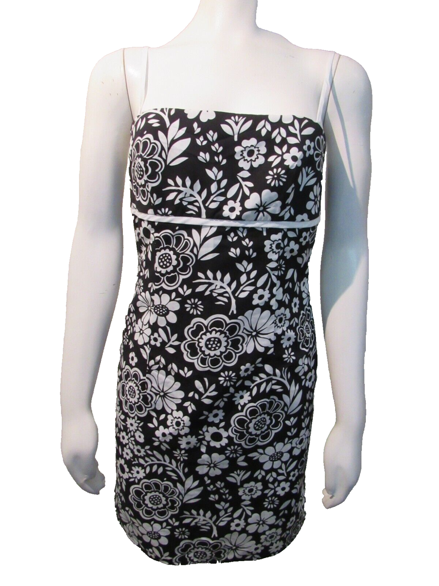 Vintage 90s Y2K City Triangles Dress SZ 5 Black White Floral Spaghetti  Strap NWT