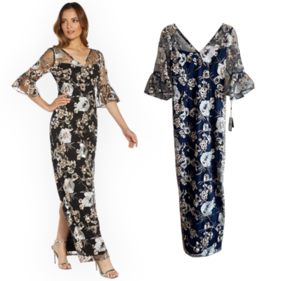 NWT ADRIANNA PAPELL V-Neck Embroidered Bell Sleeve Gown Maxi Navy Silver  Size 2 | eBay