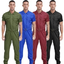 Men's Short Sleeve Drawstring Coverall Front Zipper Dustproof Jumpsuit Workwear