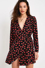 BNWT £56 Urban Outfitters Black Floral Shirt Dress S Red Work Casual Wrap Tie