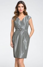 Alex Evenings Belted Cap Sleeve Taffeta Dress Petite Sz 8P Grey