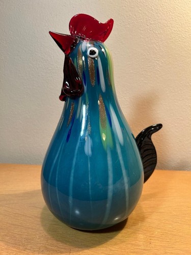 VTG Murano Style Blown Glass Large 10.5" Rooster Chicken Blue (READ DESCRIPTION)