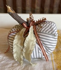 Handmade Stuffed Pumpkin With Wooden Stem With Ribbon Floral Accents