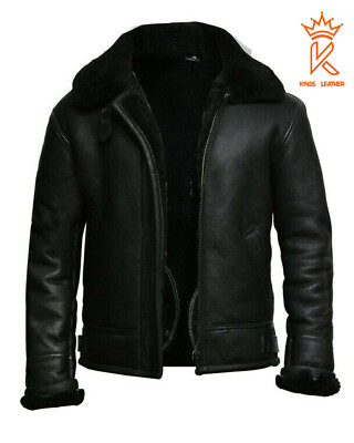 Men's B3 Bomber Aviator RAF Black Fur Genuine Sheepskin Leather Winter Jacket