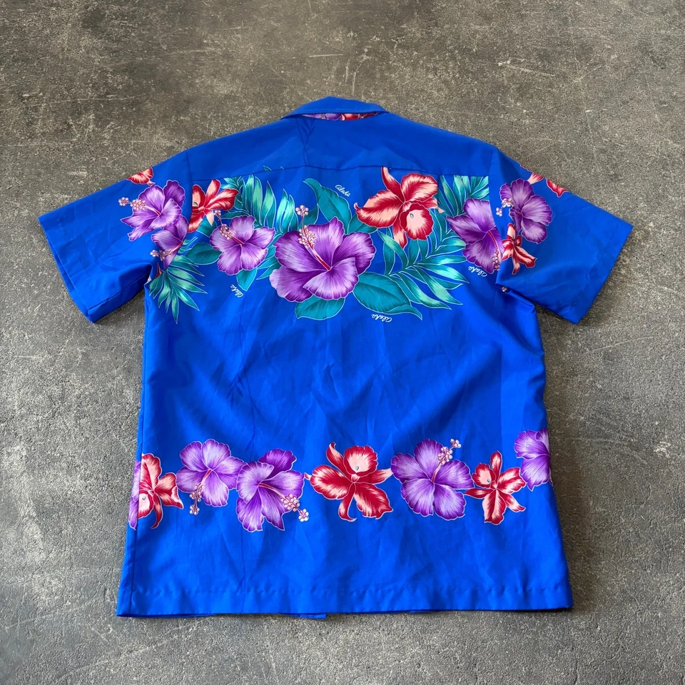 Vintage Shoreline Hawaiian Aloha Button Up Shirt Men's M Blue Hibiscus 70s USA - Image 4 of 4