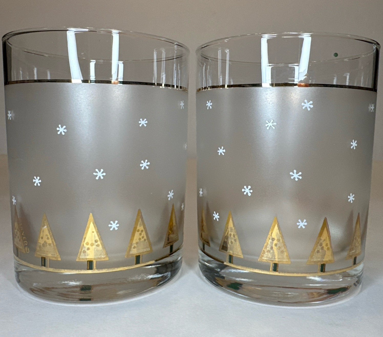 (2) Vintage Culver Double Old Fashion Frosted Gold Christmas Tree Glasses MCM