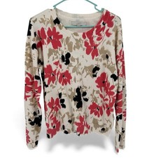 Loft Long Sleeve Crew Neck Floral Print Pullover Sweater Sz S Cream Coral Preppy