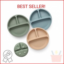 Eascrozn Toddler Plates 3 Pack, Divided Suction Plates for Baby, 100 Food Grade