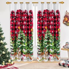 Snowflake Christmas Tree Curtains, 84 Inch Length Red Plaid Window Curtains f...