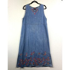 Vintage Denim Midi Jumper Dress Large Embroidered Floral Chore House Cottagecore