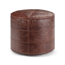 SIMPLIHOME Connor Boho Round Pouf in Distressed Brown Genuine Leather for the...
