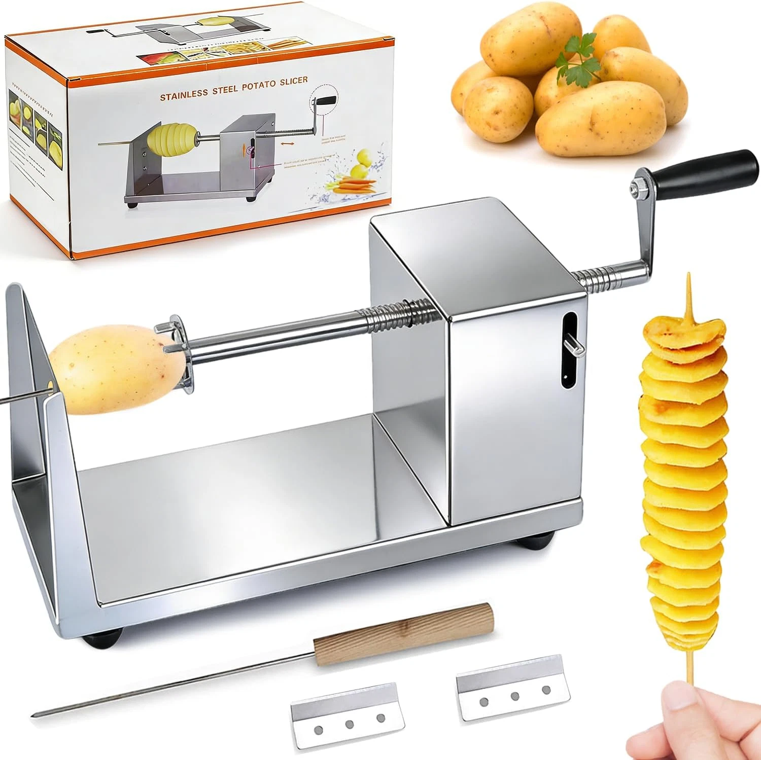 Potato Spiral Cutter, Manual Tornado Potato Spiral Cutter Stainless Steel Curly