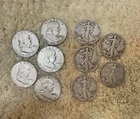 10 US Silver Half Dollars Mixed Lot Walking Liberty & Ben Franklin 90% Silver